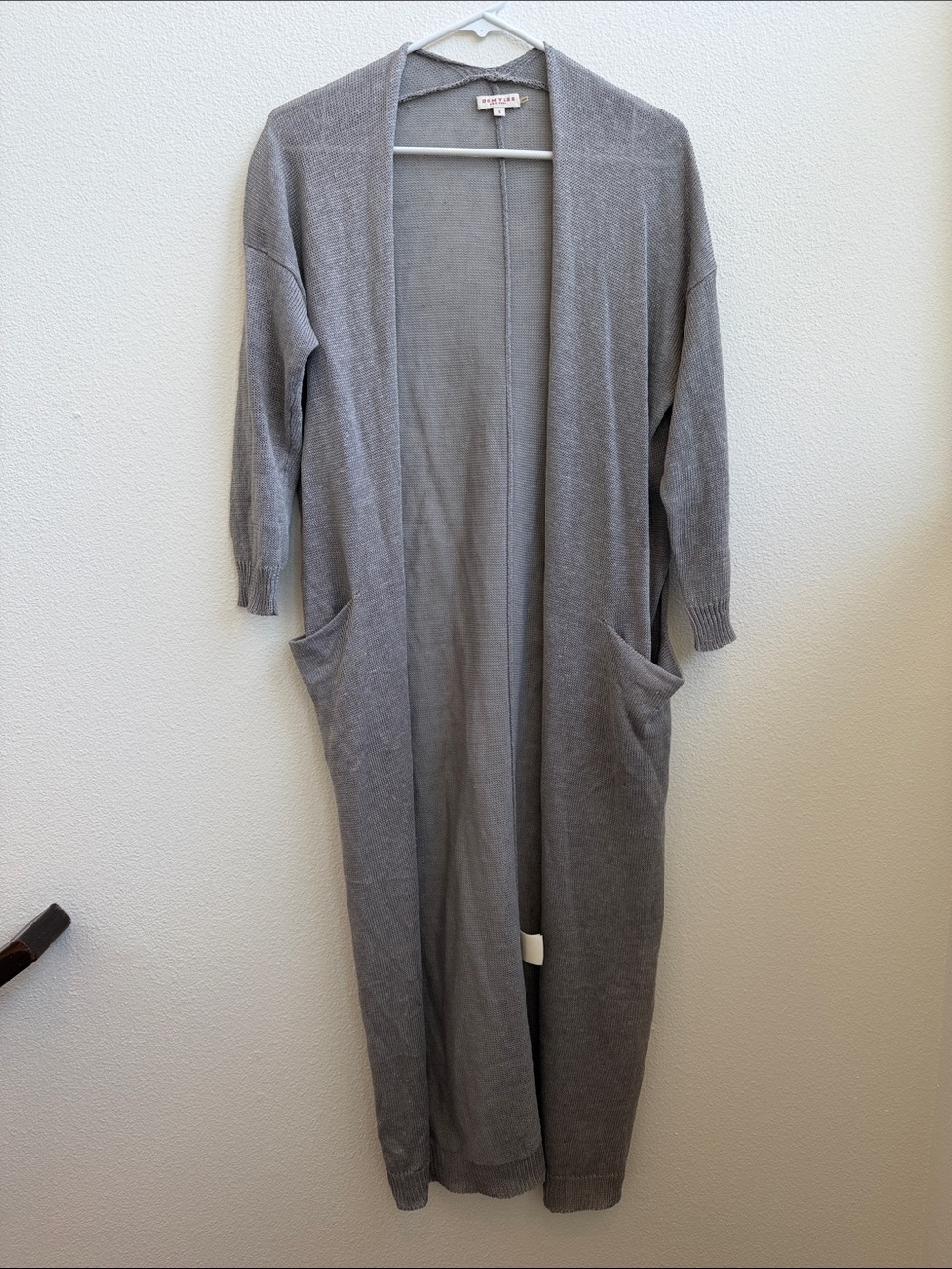 Demylee Philippa Long Shawl Linen Open Cardigan Light Gray Sz S